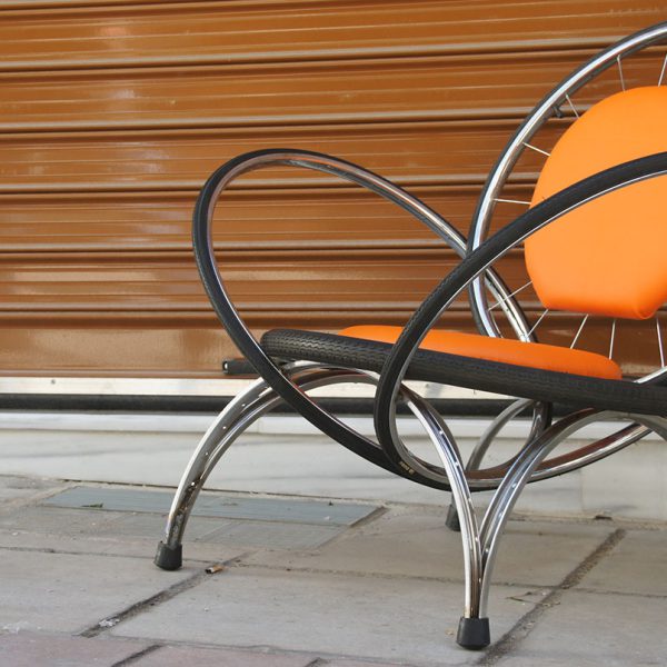 custom chair made of bicycle wheels